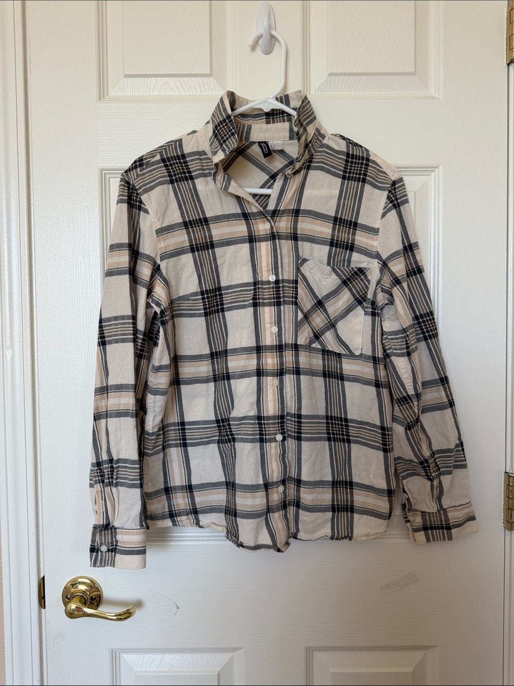 H&M Beige Plaid Button-Down Shirt with Black Stripes